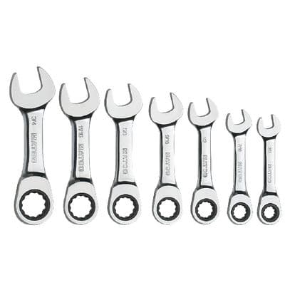 7 PIECE 72 TOOTH SAE STUBBY COMBINATION RATCHETING WRENCH SET