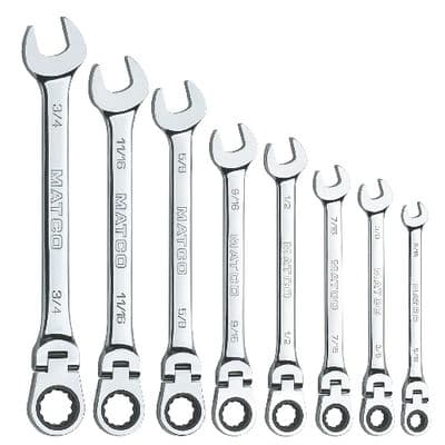 8 PIECE 72 TOOTH SAE FLEXIBLE COMBINATION RATCHETING WRENCH SET