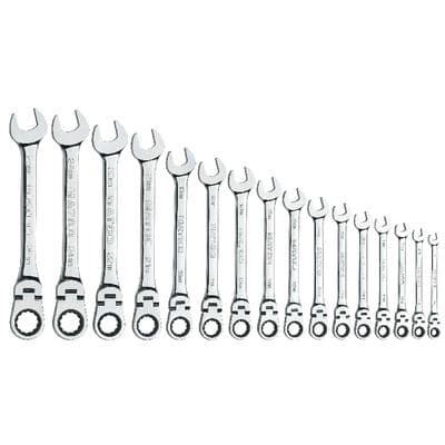 16 PIECE 72 TOOTH METRIC FLEXIBLE COMBINATION RATCHETING WRENCH SET