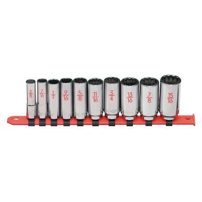 3/8" DRIVE 10 PIECE SAE 12 POINT DEEP CHROME SOCKET SET