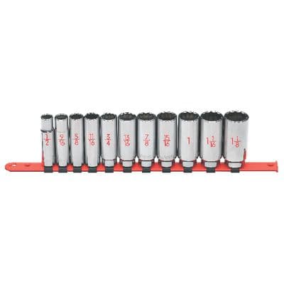 1/2" DRIVE 11 PIECE SAE 12 POINT DEEP CHROME SOCKET SET