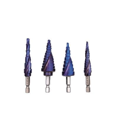 SAE AND METRIC TITANIUM BLUE SPIRAL QUICK-CHANGE STEP DRILL SET, 4 PIECE