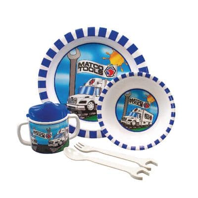 KID'S PLATE, BOWL, SIPPY CUP AND WRENCH-THEMED FORK AND SPOON