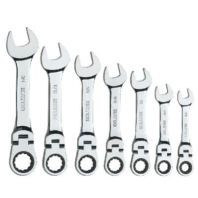 7 PIECE 72 TOOTH SAE STUBBY FLEXIBLE COMBINATION RATCHETING WRENCH SET