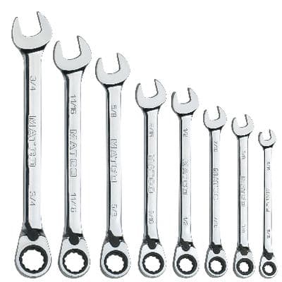 8 PIECE 72 TOOTH SAE REVERSIBLE COMBINATION RATCHETING WRENCH SET
