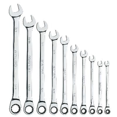 10 PIECE 90 TOOTH EXTRA LONG SAE COMBINATION RATCHETING WRENCH SET