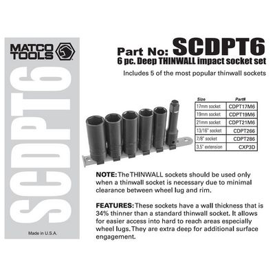 1/2" DRIVE 6 PIECE METRIC/SAE DEEP THIN WALL IMPACT SOCKET SET | Matco Tools